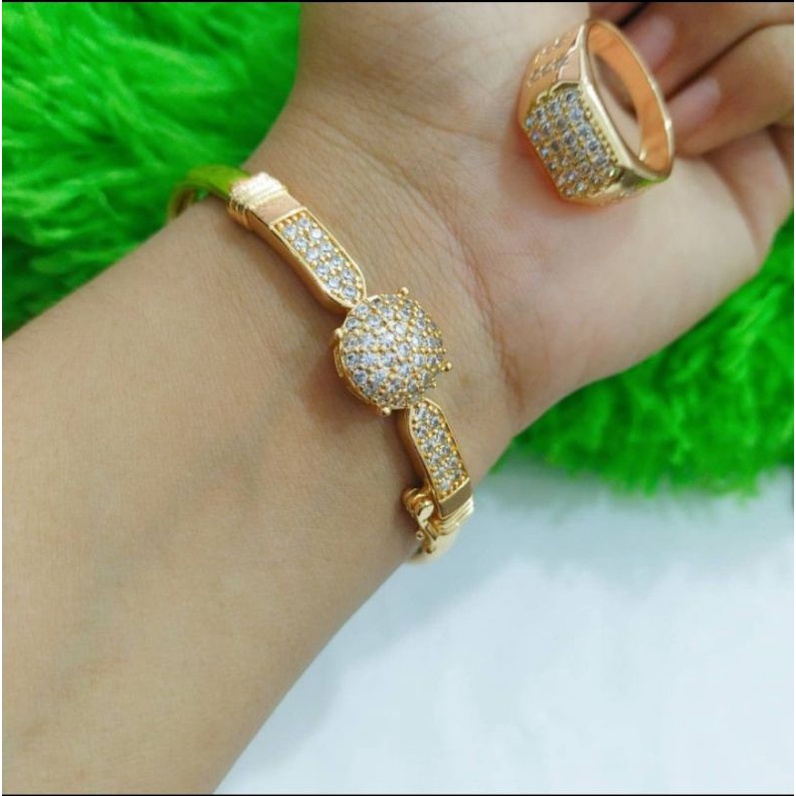 Gelang tangan free cincin titanium full permata lapis emas 23k anti karat xuping