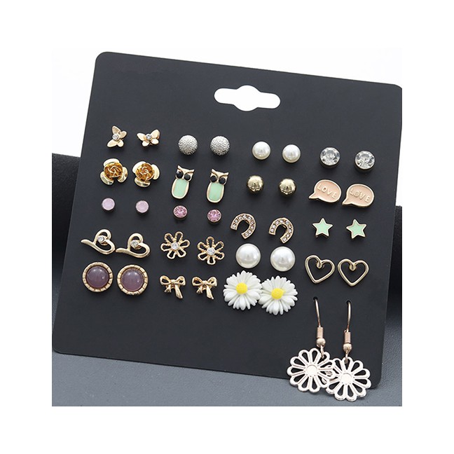 LRC Anting Tusuk Fashion Gold Diamond-shaped Animal Flower Earrings Set Of 20 D57201