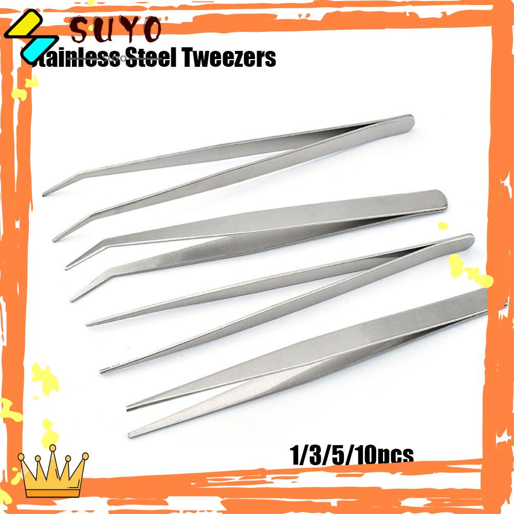 Suyou 1/3/5/10pcs Pinset Lurus/Siku Bahan Stainless Steel Warna Silver Untuk Tanaman Ikan