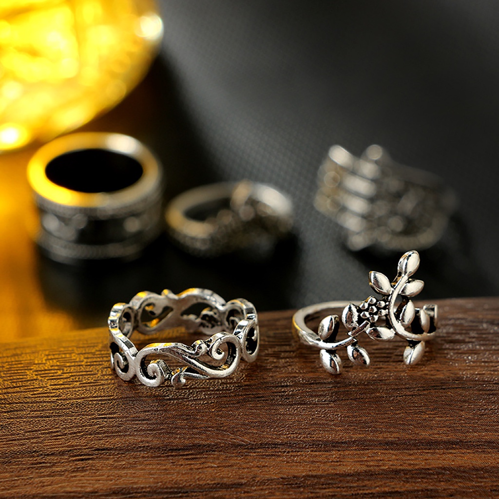 Hu Hu Hu Hu Hu Alat Bantu Pasang Kacamata♡ 9pcs Cincin Knuckle Desain Ukiran Bunga Hollow Warna Silver Gaya Bohemia Untuk Wanita