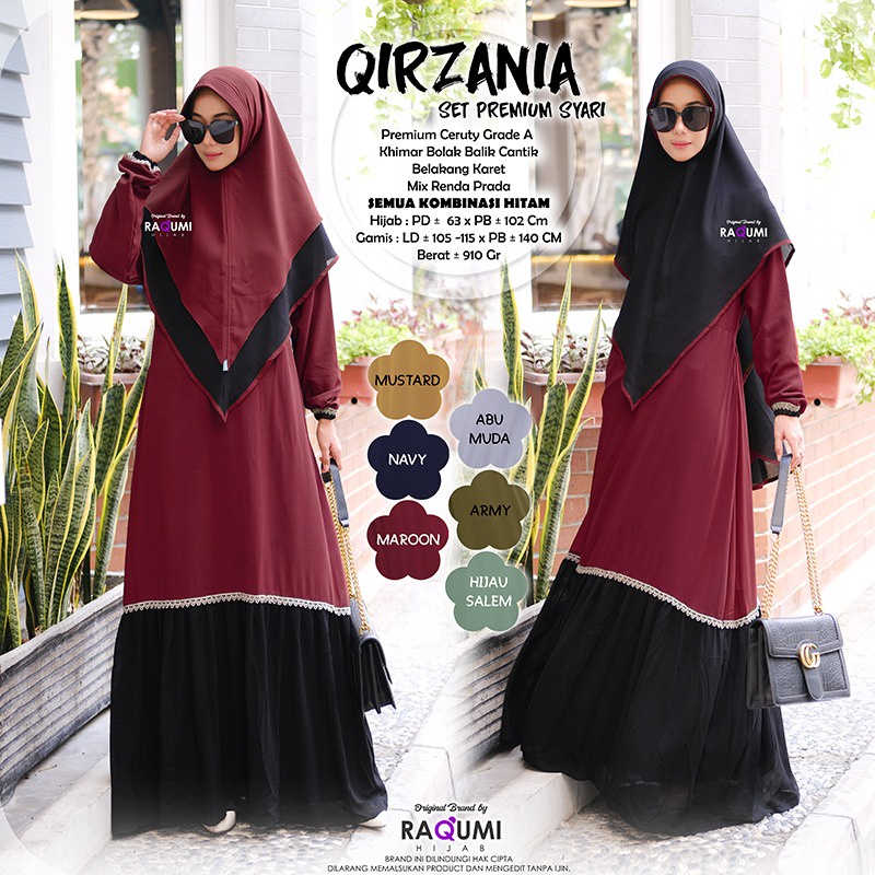 GAMIS SETELAN QIRZANIA ORIGINAL RAQUMI Khimar Premium Ceruty Grade A Khimar Bolak Balik Gamis Raqumi