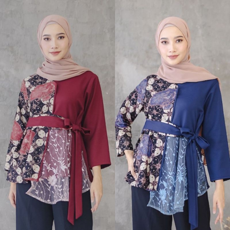 Baju Batik Wanita Modern Blouse Batik Kerja Wanita Kombinasi Brokat