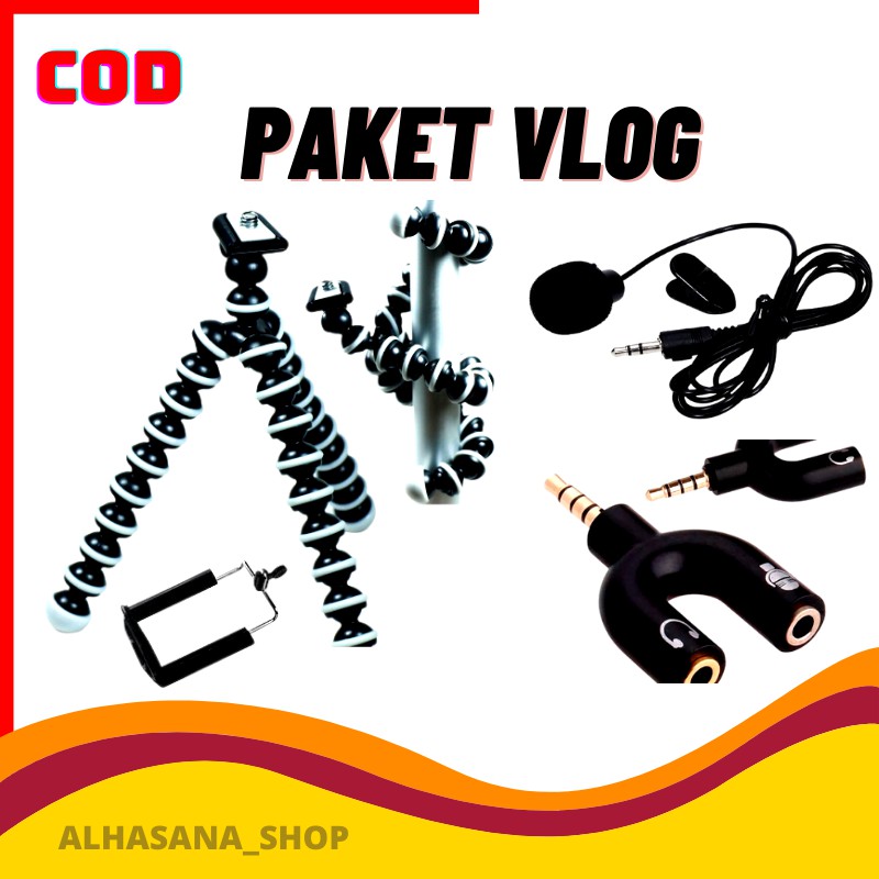 [BISA COD]PAKET vlog MIC CLIP ON MICROPHONE + TRIPOD GORILA BESAR +SPLITER