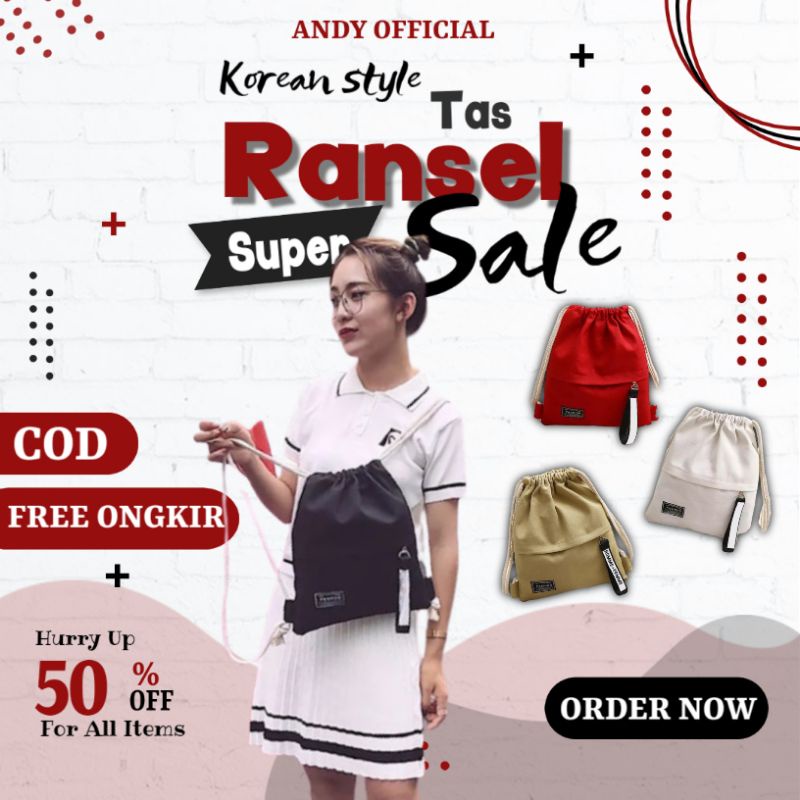 Tas Ransel Rangsel Serut Backpack Canvas Kanvas Sekolah Kuliah Olaraga Polos Remaja Wanita Perempuan