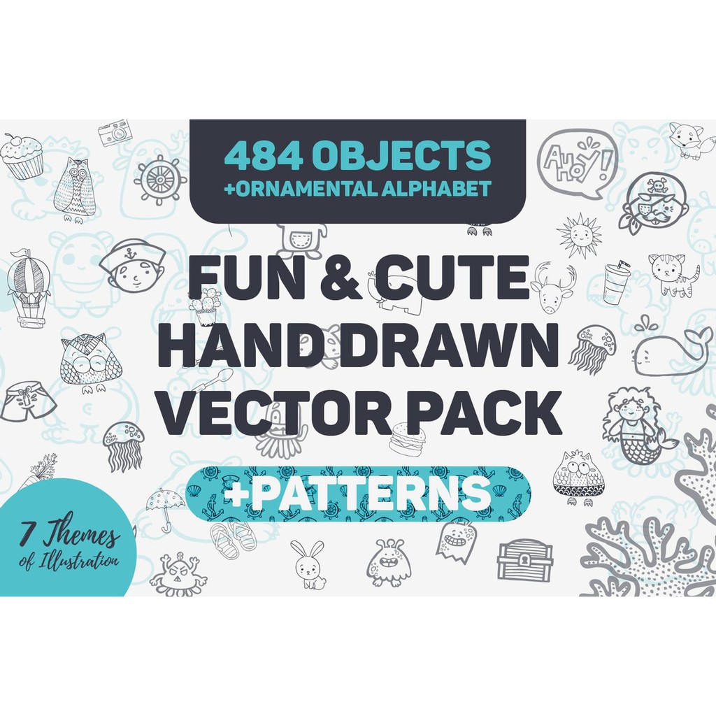 Fun &amp; Cute Hand Drawn Vector Pack +Patterns - Vector Designs