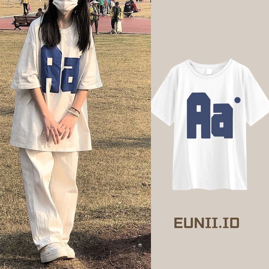 EUNII T-shirt Lengan Pendek Retro Aa Surat Modis Pencetakan Longgar Korean Style/Kaos Atasan Wanita/Baju Kaus Oversize Wanita