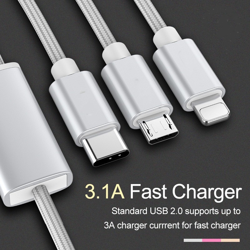 3 in 1 Kabel Charger USB 3.1A Tipe C Fast Charging Untuk iPhone / Android