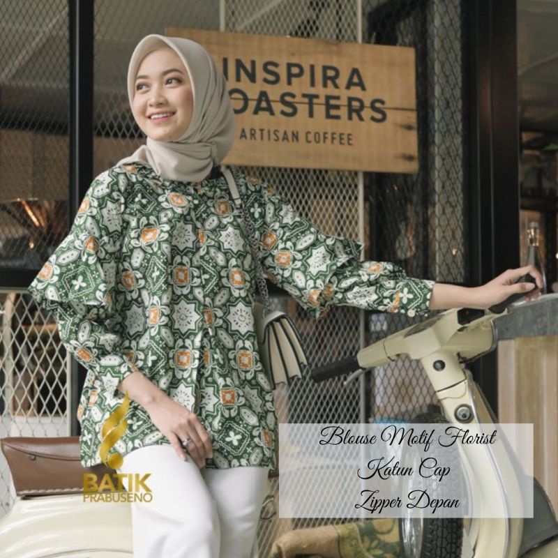 Blouse Motif Florist Katun Cap Atasan Baju Batik Wanita Lengan Panjang Ori Original Prabuseno Modern