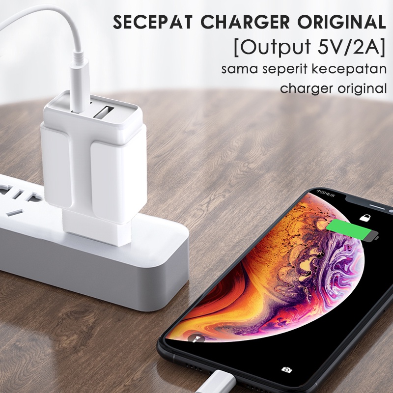 【Murah+COD】CORN QE012 2.4A Dual USB Charger Travel Adaptor Kabel 3A untuk Samsung Iphone vivo