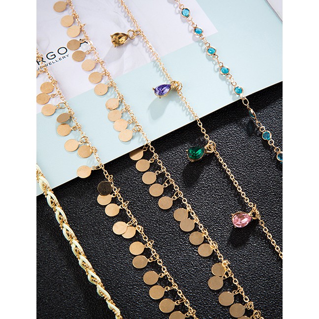 LRC Gelang Kaki Fashion Gold Braided Wire Rope Alloy Round Diamonds Drop Anklet 5 Sets F94589