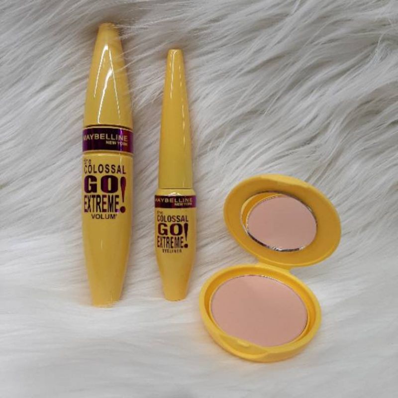 Paket Maybelline Colossal Kuning 3in1 Maskara Eyeliner Bedak Padat