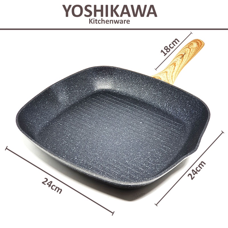 Yoshikawa Grill Pan Marble Ceramic 24cm Anti Lengket | Alat Penggorengan Ikan Ayam Keramik Marbel Ko