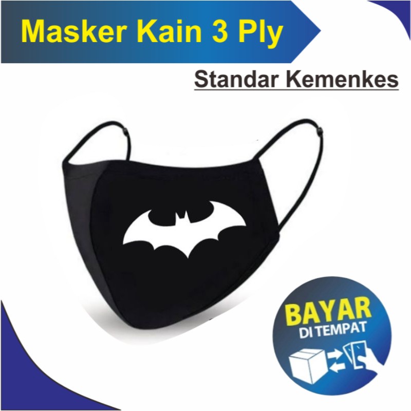 Masker Kain 3 Ply Masker BATMAN - Kain 3 lapis Earloop / Masker hitam 3 Lapis Headloop / Masker dewa