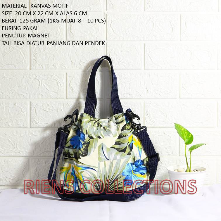 RIENS COLLECTIONS. SLING BAG TAS SELEMPANG KANVAS MOTIF BUNGA SEPATU BIRU