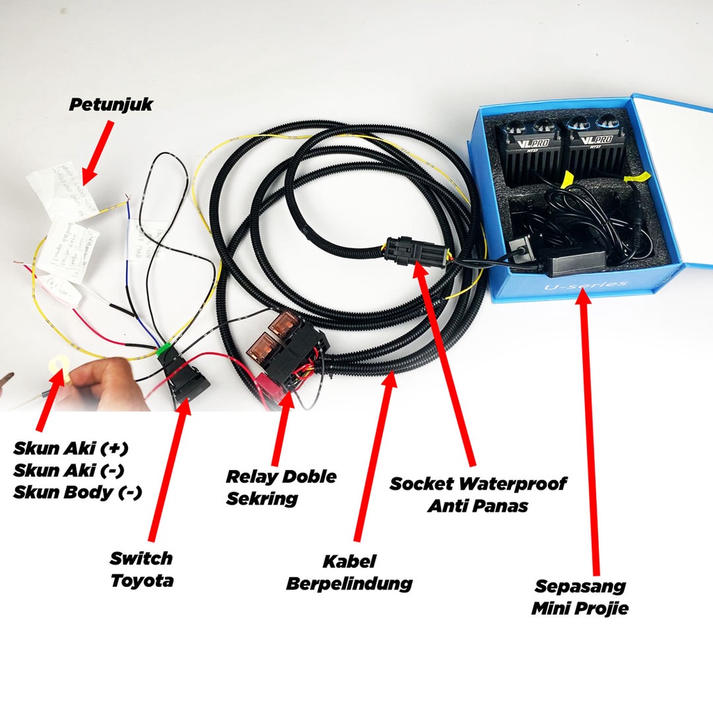 PAKET Kabel Set + Mini Projie 2 Mata Bi-LED Original VLPRO MT27 Laser Gun Projector Double Color KUN