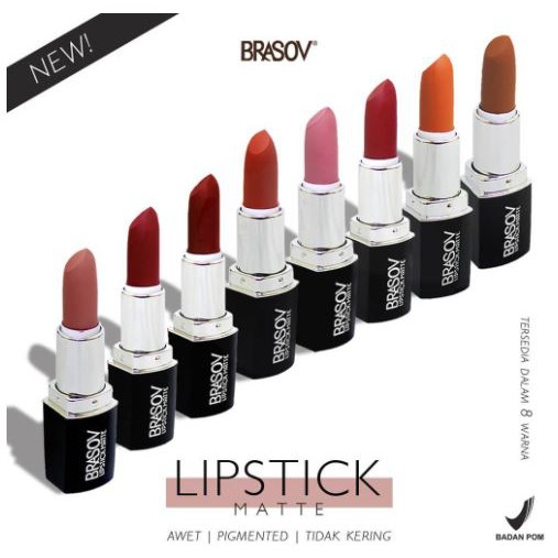 Brasov Lipstik Matte Pigmented Perona Bibir - Ada 8 Pilihan Warna - Netto 3.8 gr