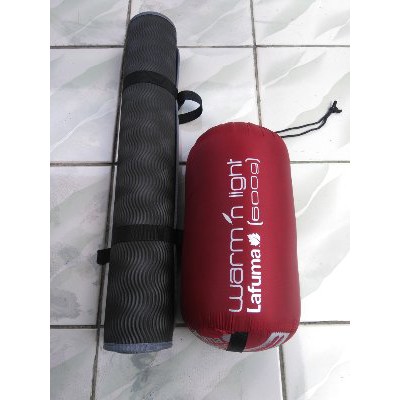 Unik Paket Outdoor Sleeping Bag Polar Bulu Lafuma Merah Marun dan Matras Camping 3mm Limited