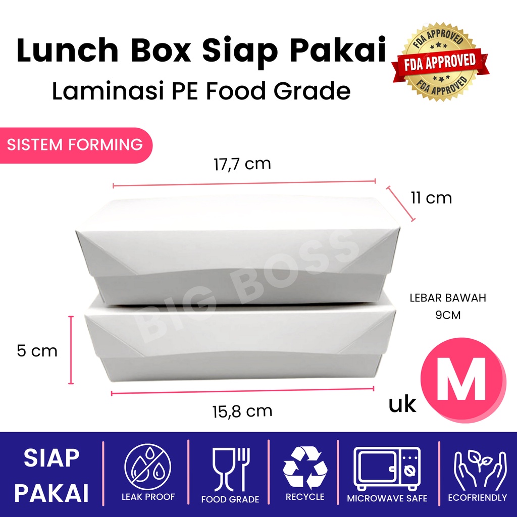 Paper Lunch Box Laminasi Size M L Siap Pakai Ivory Food Grade / Rice Box Takeaway / Kotak Makan Kertas