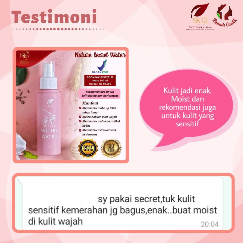 Nature Secret Water SR12 - Membuat Make UP Tahan Lama - Untuk Kulit Kering dan Berjerawat - BPOM