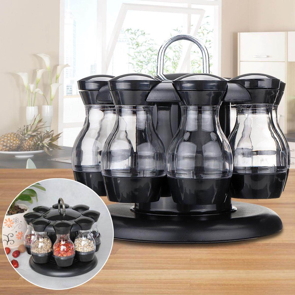 8 Botol Jar Tempat Bumbu Rak Bisa Diputar Berputar Bumbu Dapur Rak Kabinet Rak Penyimpanan Organizer Pemegang Hitam