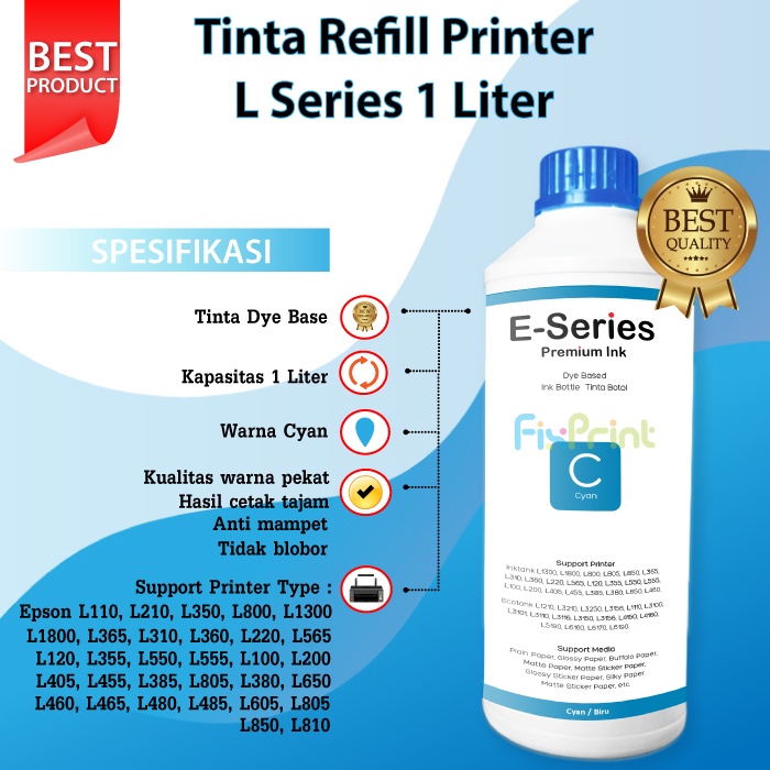 Tinta Dye Base Epson L Series 1 Liter Printer L1110 L1210 L1250 L1256 L3100 L3101 L3110 L3210 L3116 L3150 L3156 L3250 L3256 L5190 L5290 L5296 L6160 L6260 L6270 L6290 L6460 L6490 L6550 L6580 L6170 L6190 L14150 L15150 L15160 L15180 L4150 L4160 L4260 L4266