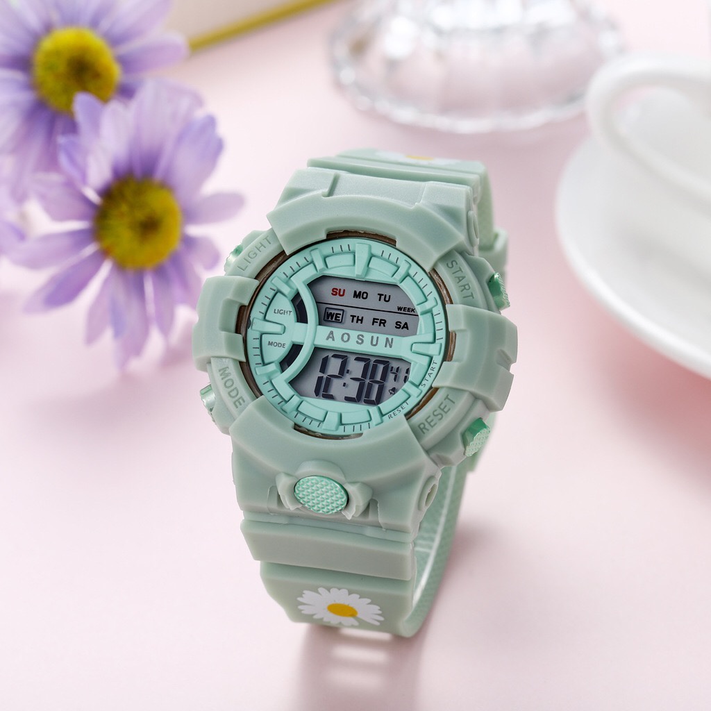 ✅COD Jam Tangan Digital Wanita Pria Fashion Sport Gaya Bunga Aster Kecil Rubber Bulat Watch LED Murah S1174