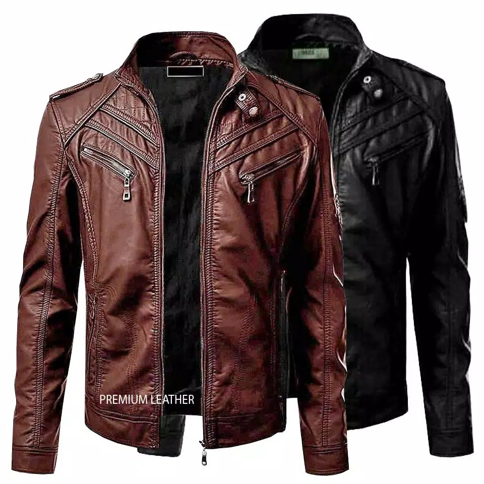 Jaket kulit Motor Pria Model Racing Bahan Viena [ Full Black dan Full Brown]