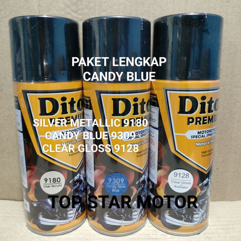 Pilok Paket Lengkap Cat Diton Premium Silver Metallic 9180 Candy Tone Blue 9309 Clear Gloss 9128 400cc.. Pilok Paketan Candy Tone Blue Cat Semprot Diton Premium 400cc