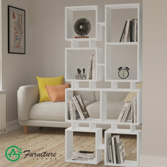 Rak Buku Kayu Unik Arthur Duco Putih - Kayu Mahoni