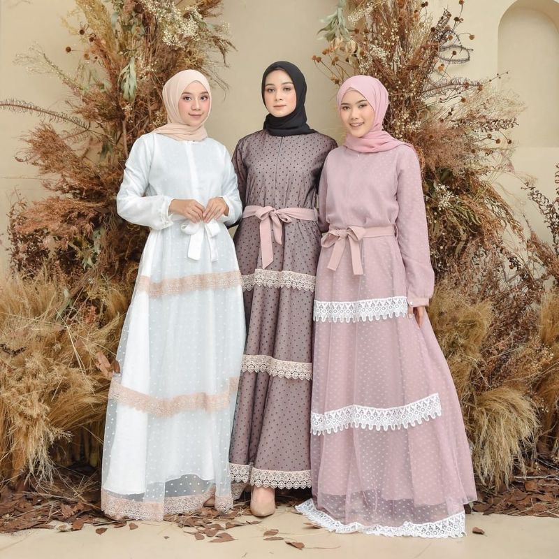 gamis wanita import moscrepe kombinasi full tile dot