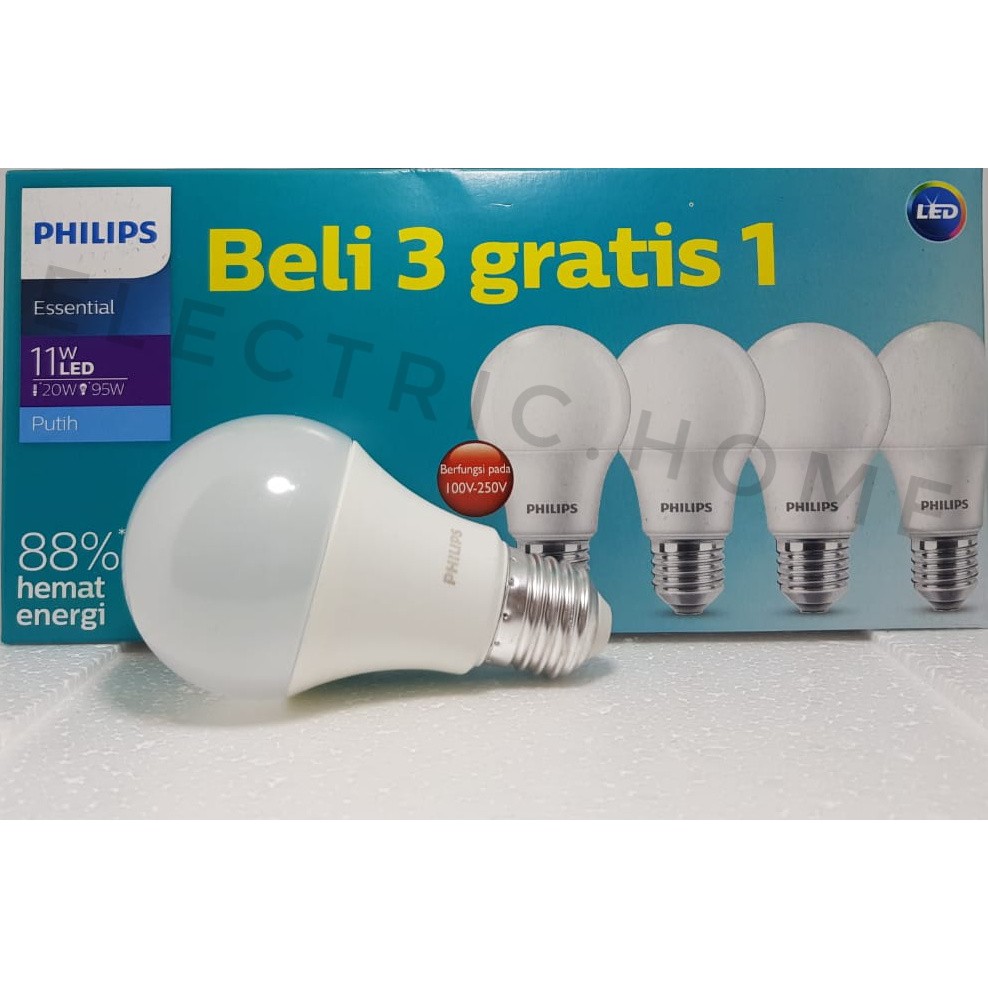 Paket isi 4 lampu PHILIPS LED Essential 11 WATT 11W PUTIH LED PAKET PHILIPS 11 WATT
