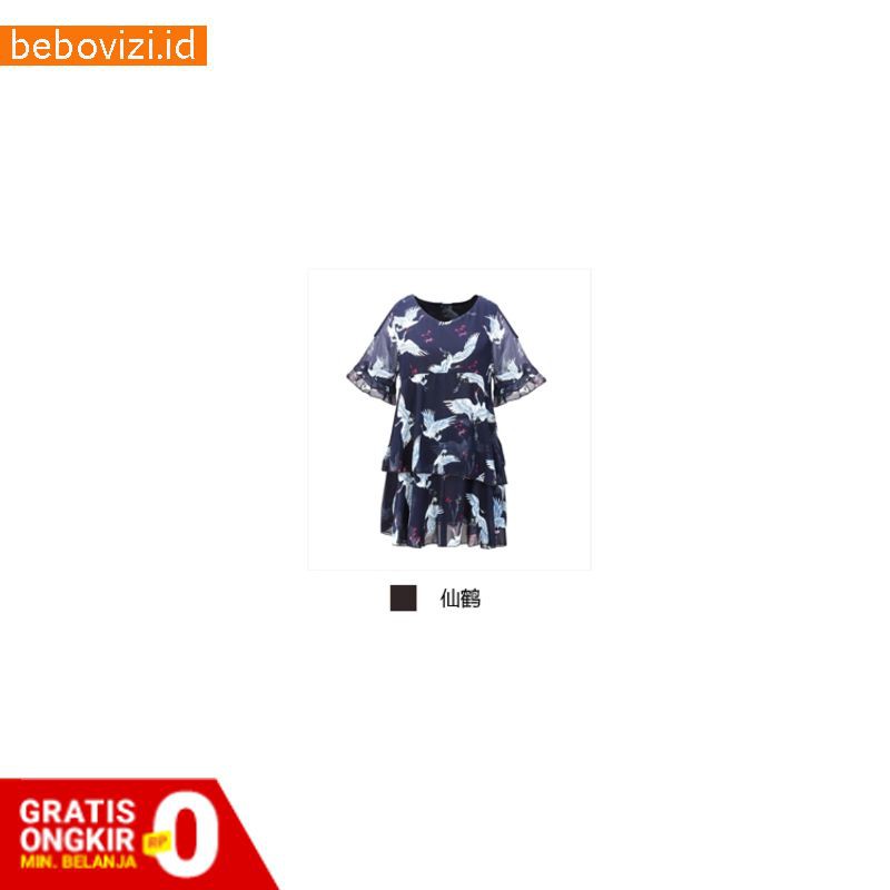 Dress Jumbo Midi Model V-Neck Lengan Flare Ada Bahan Sifon Wanita