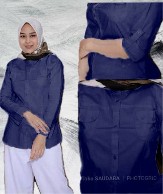 Kemeja panjang  biru navy wanita kantong dua tangan skoder ( lipat)