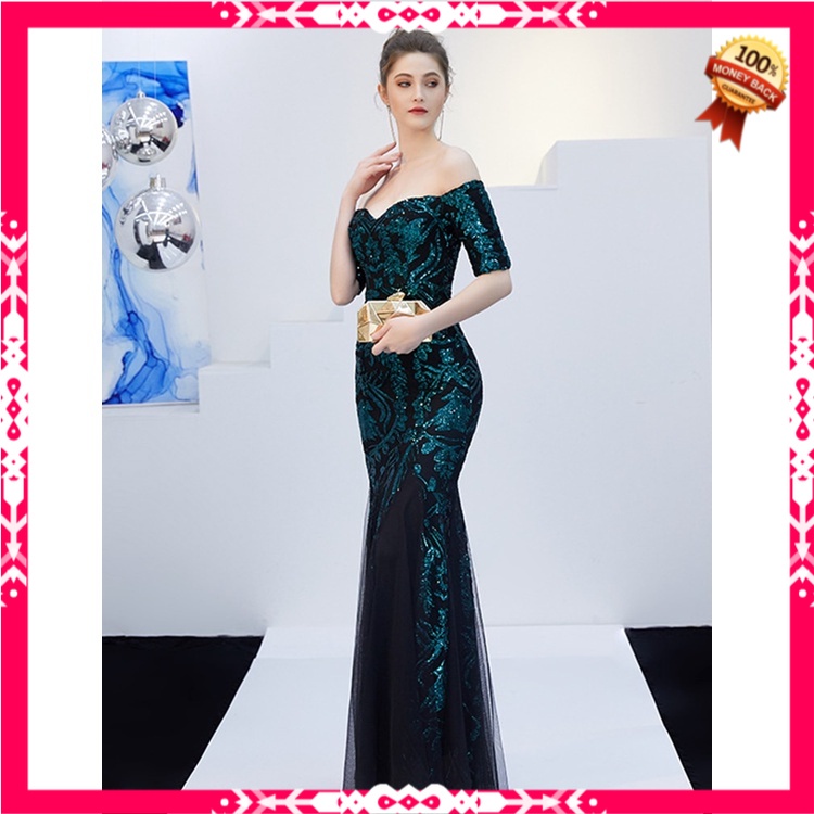 Gaun Pesta Malam Party Dress Off-the-shoulder Evening Dress Tulle Sequins Robe De Soiree Femme  Shor