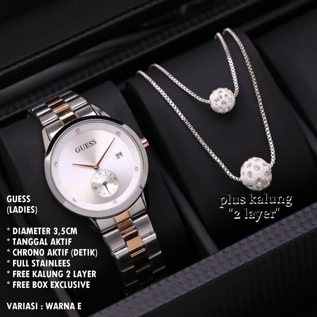 (BISA COD) JAM TANGAN WANITA GUESS RANTAI BODY BULAT TANGGAL &amp; CHRONO AKTIF FREE KALUNG