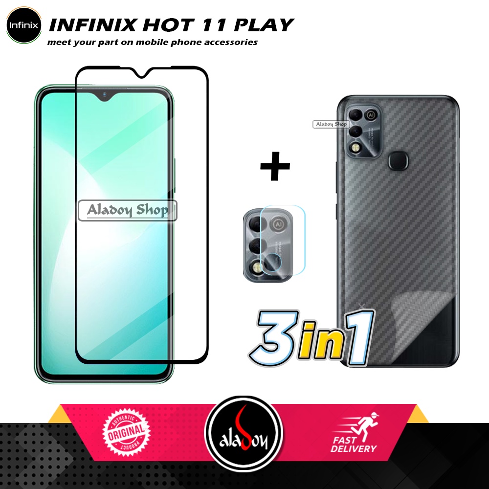 PROMO 3 IN 1 PAKET Tempered Glass Infinix Hot 11 Play 2022 Free Tempered Glass Camera dan Skin Carbon