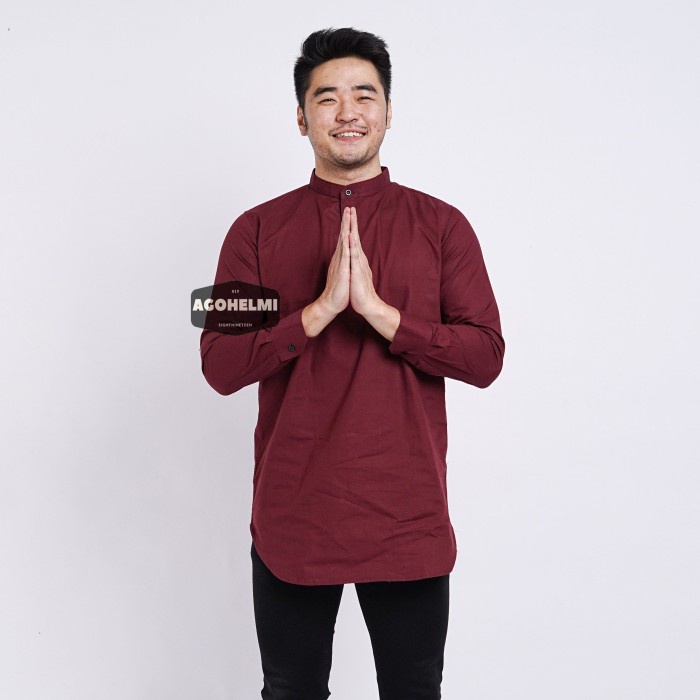 Baju Koko Lengan Panjang Kemeja Kurta Pria Cowok Merah Maroon Polos - Merah Maroon, L