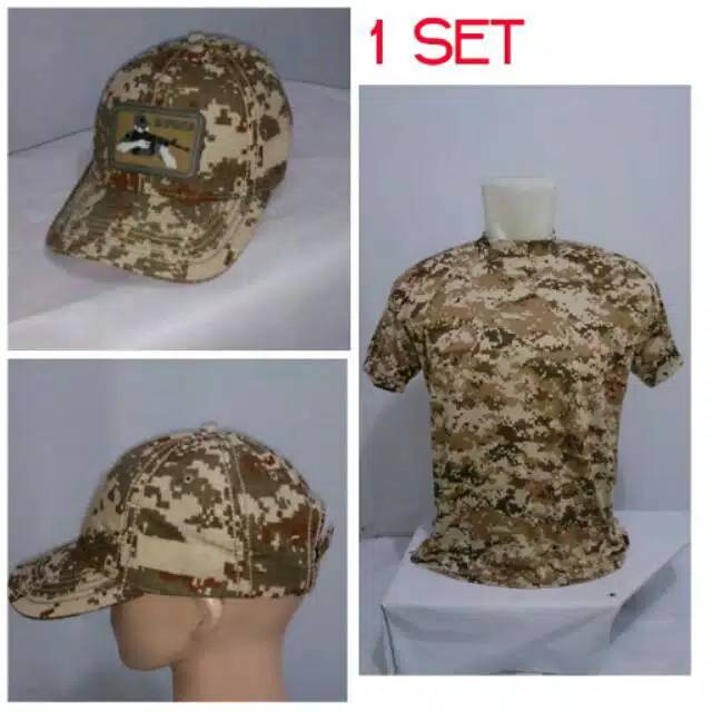 Kaos army loreng nevyseal 1 set / loreng gurun 1set bandung murah(kaos. Topi peat)