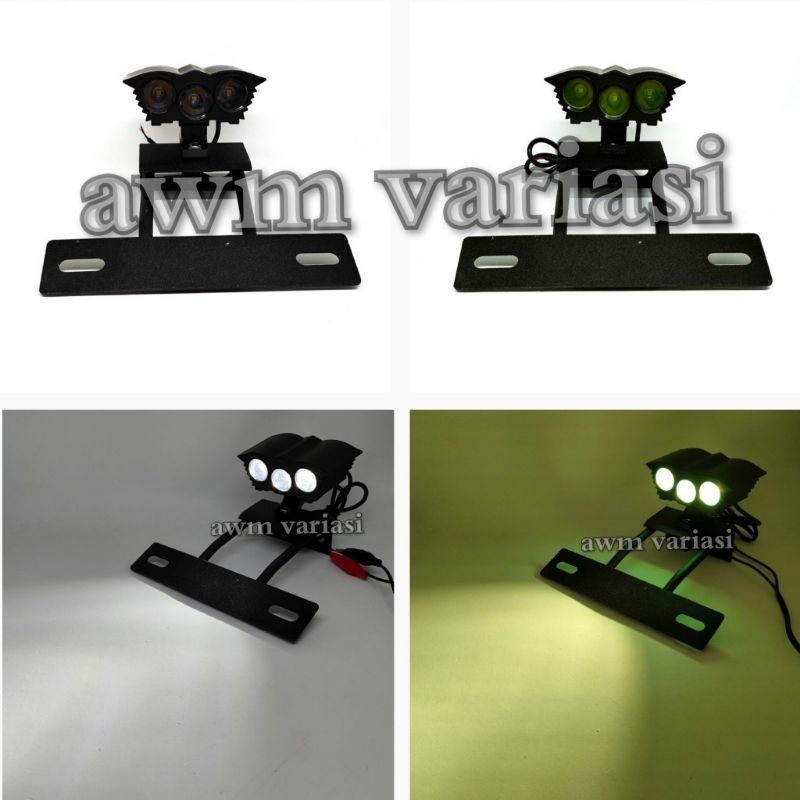 Paket lampu OWL 3 mata RX KING LED + dudukan plat nomor breket besi set kumisan rx king gold