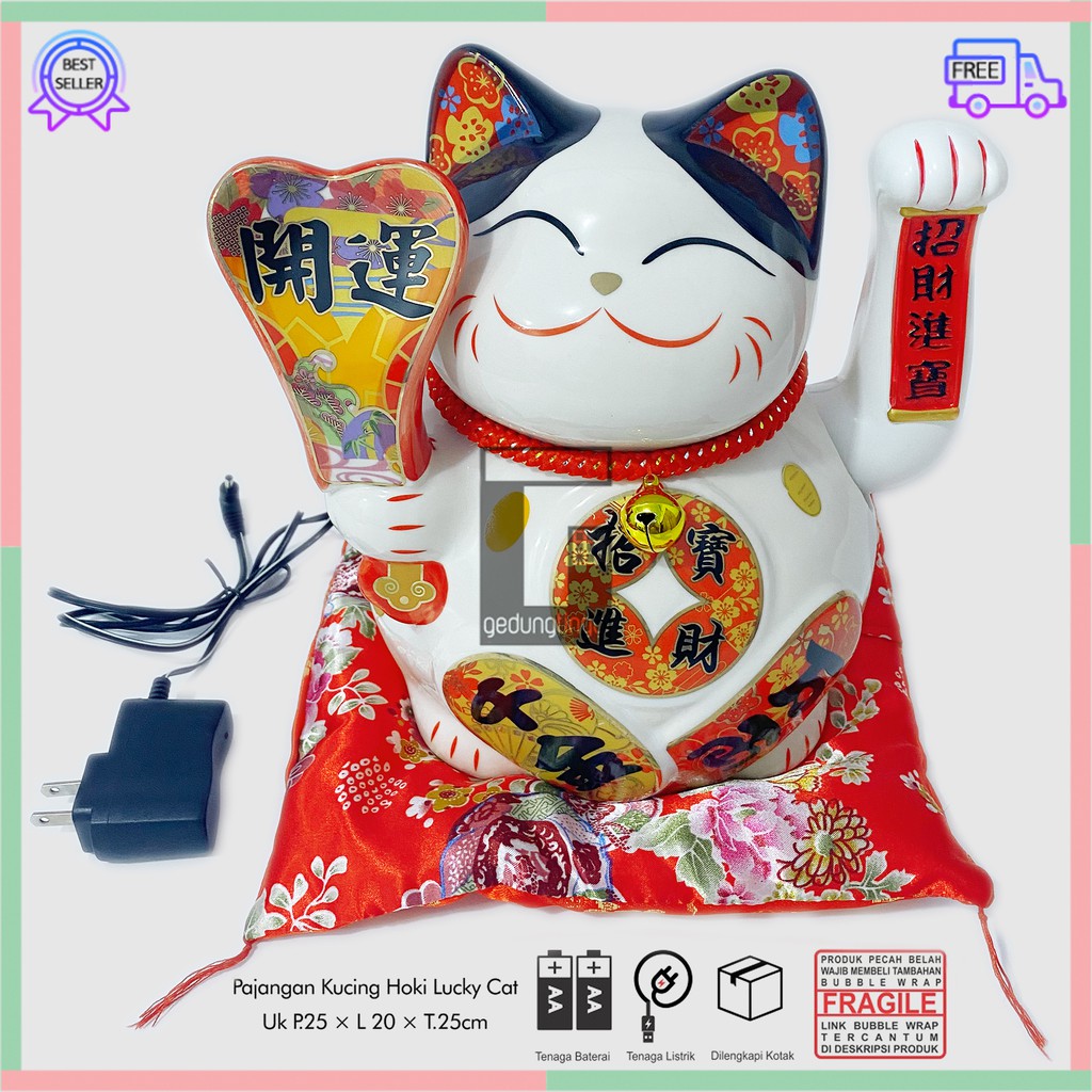 Pajangan Patung Hiasan Boneka Dekorasi Kucing Panggil Rejeki Rezeki Hoki Maneki Neko Maneko Neki ManekiNeko Lucky Cat Keberuntungan Keramik Baterai Batrai Batre Listrik Tangan Goyang Gerak Hias Meja Etalase Toko Kantor Resto Cafe Murah Cina China Jepang