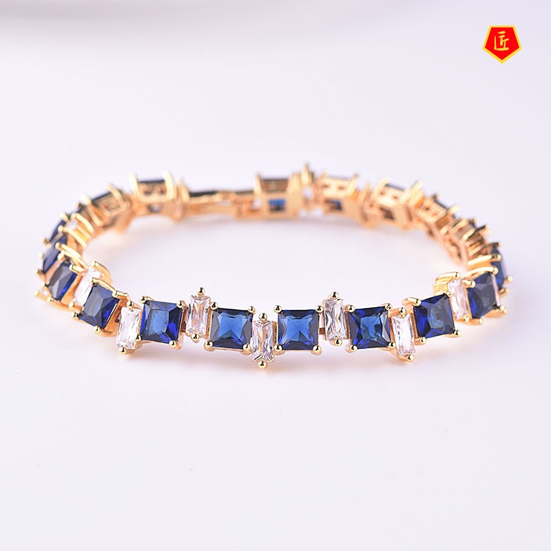 [Ready Stock]New Inlaid Colored Gem Square Diamond Bracelet 18K Gold