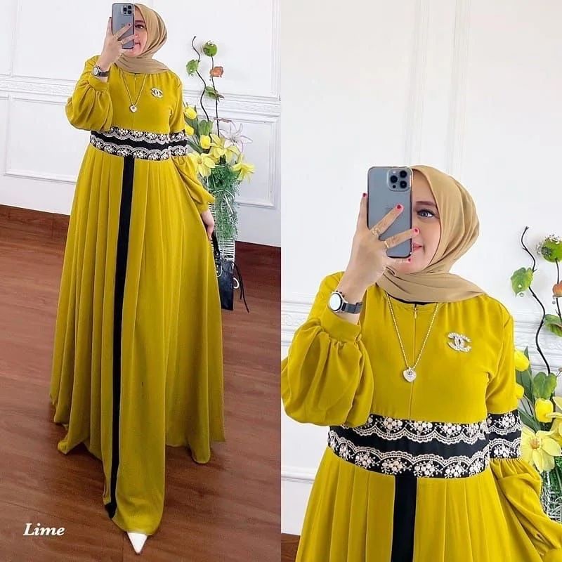 AISAH DRESS MC CERUTY BABYDOLL FULL PURING RENDA LD 110 CM PB 140 CM ZIPPER DEPAN BUSUI  BAJU GAMIS 