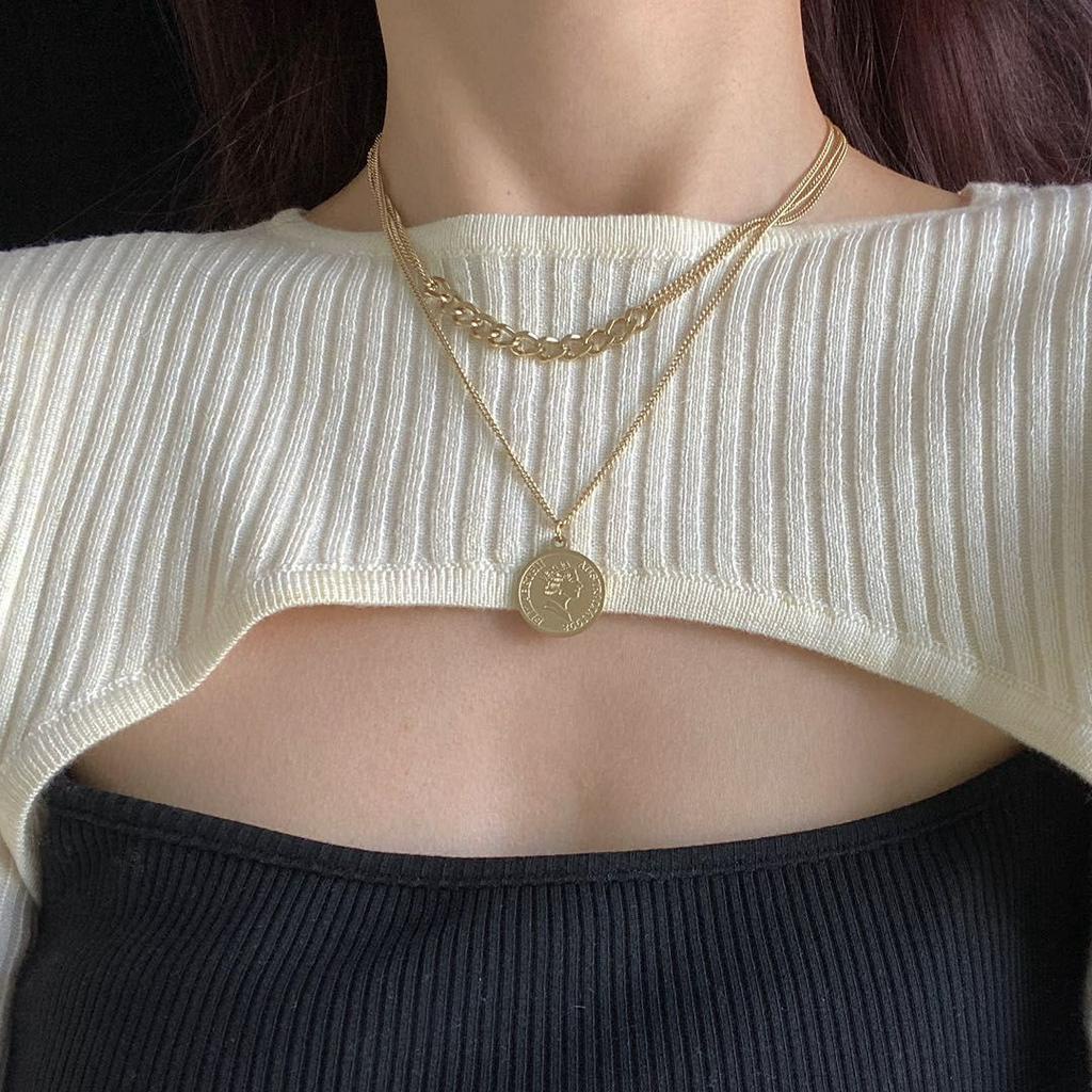 Fashion Vintage Double coins Pendant Korean Necklace  Sweater Chain Simple Temperament Wild Clavicle Chain For women