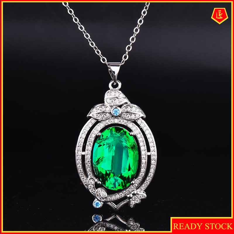 [Ready Stock]Emerald Pendant Luxury Full Diamond Flower Necklace for Women