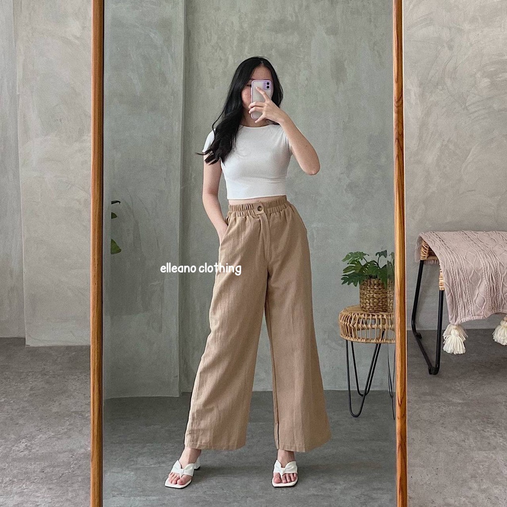 Elena Cullote Pants | Celana Panjang Kulot Wanita | Celana Panjang Linen Premium Highwaist | Linen Wide Leg Cullote Pants-Latte