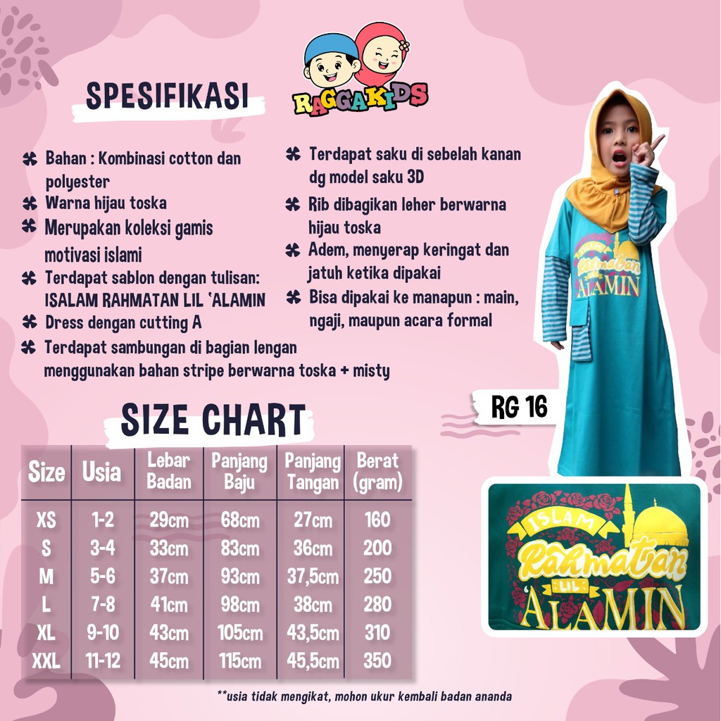 BAJU PAKAIAN GAMIS ANAK REMAJA MUSLIM TERBARU 2020 LUCU BAHAN KAOS BRANDED PREMIUM RAGGAKIDS RG 15