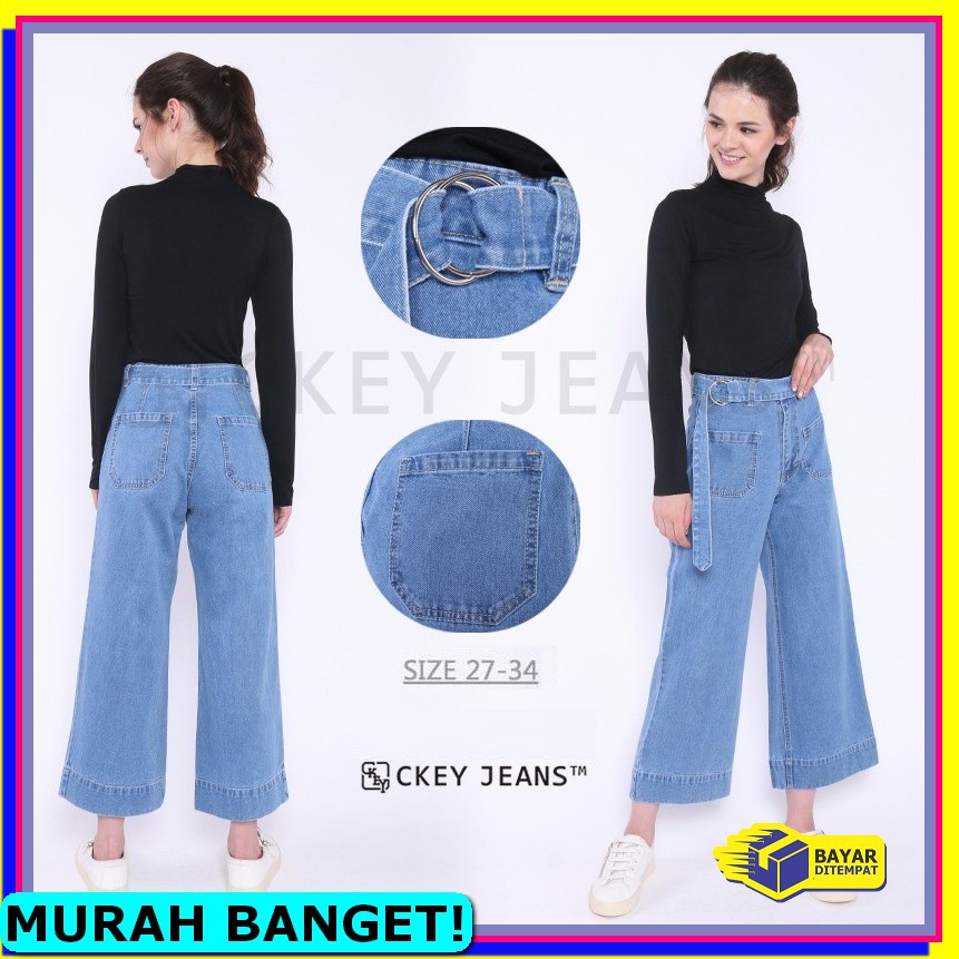 Celana Jeans Wanita Kekinian Clana Jins Cewek Hw Pinggang Karet B OJ713 Kulot Jeans Tali Pinggang /