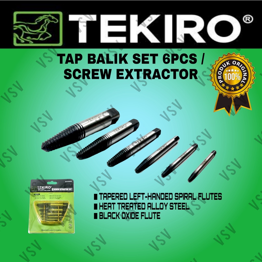 TEKIRO TAP BALIK set 6pcs Screw Extractor Pembuka Baut Patah Rusak Kran air patah