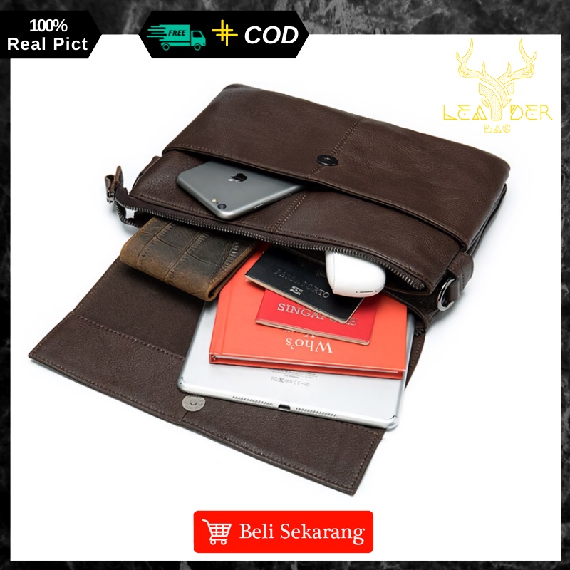 Tas Selempang Kulit Pria Kerja Original Waterproof Model Terbaru Warna Hitam Dan Coklat | Tas Slingbag Messenger Kulit Cowok Distro Ori Keren Anti Air TANGO B50