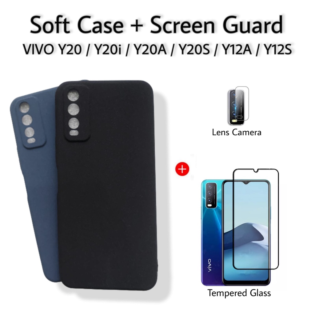 PROMO PAKET 3in1 Case VIVO Y20 / Y20i / Y20a / Y20s / Y12a / Y12s Soft Case Matte Sanstone Anti Fingerprint FREE  Tempered Glass Layar Dan Lens Camera Handphone